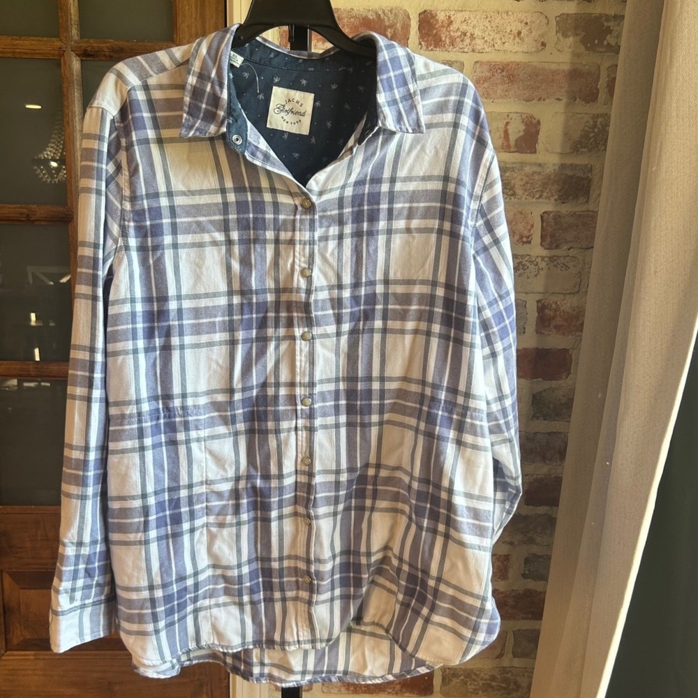 Jach's Girlfriend NY Flannel Shirt Women Blue White Plaid Pearl Snap‎ Western XL